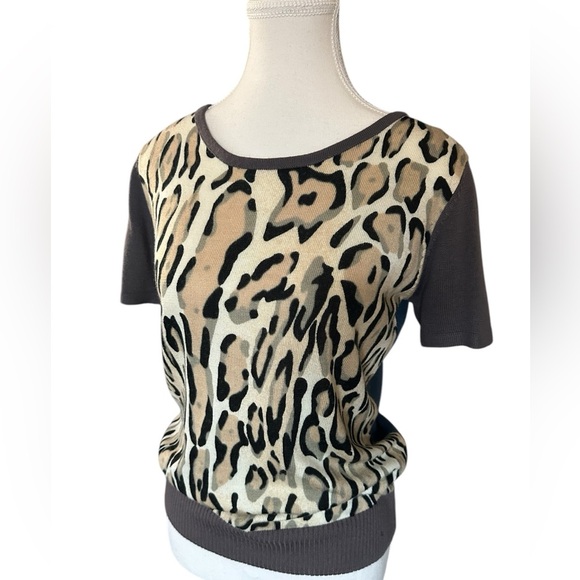 Juiceana colorblock leopard front sweater, wool/nylon, brown/blue Sz M/L - Picture 6 of 11